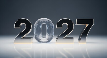 Elegant 2027 New Year design featuring glossy chrome and faceted crystal numbers on a reflective surface.
