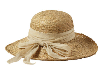 Straw sunhat folded slightly with ribbon detail on transparent background