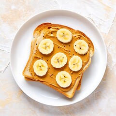 Delicious peanut butter banana toast on a white plate