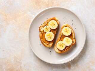 Delicious peanut butter banana toast on a white plate