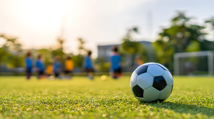 Obraz premium Players practice soccer on a field with a ball in focus during a sunny day in the early evening