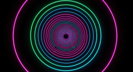 Concentric neon rings create an infinite tunnel illusion against a dark background