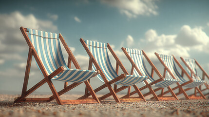 A row of colorful beach chairs set up on the sandy shore against the bright sky. The scene is tranquil and inviting