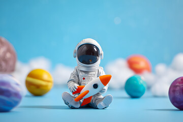 Astronaut with a toy rocket sits among colorful planets on a blue surface during a playful space-themed scene