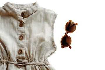 Casual sleeveless dress laid out with accessories on transparent background