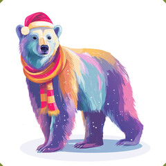 Vector illustration of a colorful polar bear in a vibrant geometric style, wearing a hat and scarf, isolated on a white background
