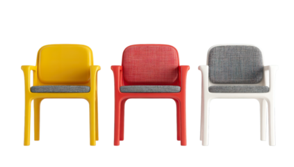 Colorful Trio of Chairs: A vibrant composition of three chairs showcases a spectrum of hues, perfect for adding a touch of modern flair to any space. 