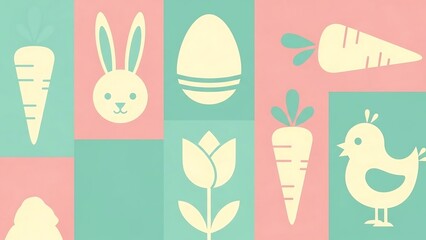 Pastel Easter Pattern with Bunny, Egg, Carrot, Chick, and Tulip.