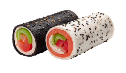 Sushi Duo: A pair of meticulously crafted sushi rolls, featuring a delectable blend of fresh salmon, crisp avocado, and seasoned nori seaweed, ready for indulgence