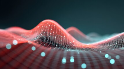 Abstract digital landscape with red and blue glowing waves, representing concepts of technology, data visualization, and futuristic design in a seamless flow.
