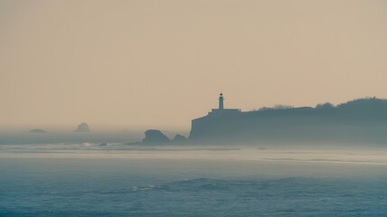 Lighthouse on cliff edge in foggy morning mist over blue ocean image