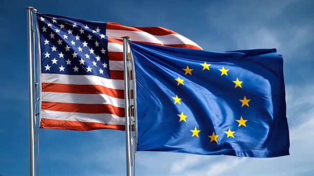 us flag and eu flag waving together in the blue sky. relations between the usa and the european union. cooperation trade partners transatlantic partnership common policies western nations