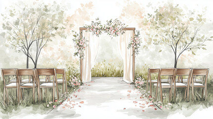 Outdoor wedding ceremony setup with a floral arch and wooden chairs surrounded by greenery 
