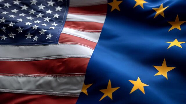 us flag and eu flag waving together. relations between the usa and the european union. cooperation trade partners transatlantic partnership common policies western nations