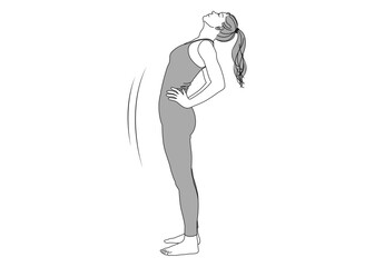 ストレッチ 腰に手を当て状態を反らして伸びをする女性のイラスト 全身横向き モノクロ