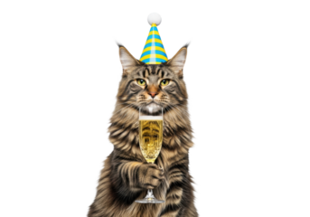 majestic maine coon cat with fluffy tabby fur and a striped party hat raises a crystal champagne flute in a sharp, high-key studio portrait on white. concept for birthday advertisement