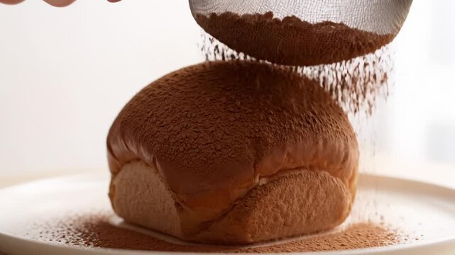 Dusting Cocoa Powder on a Bun With Sifter for Decoration