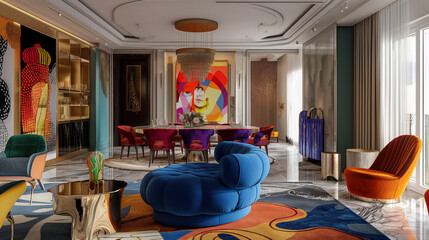 restaurant interior with vintage furniture and people