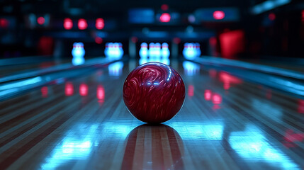 Vibrant red bowling ball on illuminated lane with colorful lights reflecting