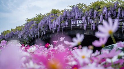 Purple wisteria cascades over bridge with pink and white cosmos flowers purple flowers