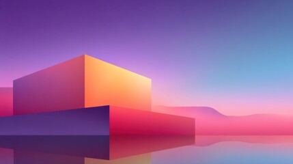 Fototapeta premium Abstract geometric shapes with vibrant gradients and reflections on water, creating a serene and captivating landscape in twilight hues