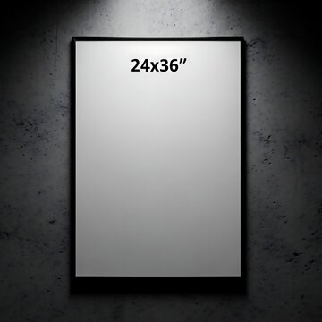 Blank 24x36 inch poster on a dark textured wall with spotlight.