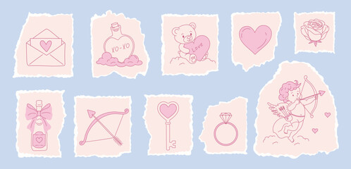 Happy valentine day paper vector love sticker set: cute bear,hearts,Cupid,Cupid's arrow,letter,rose,potion,cloud,bow,champagne bottle.Torn textures, cut-and-tear edges, perfect for web digital design.