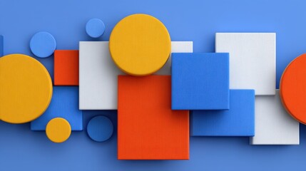 Colorful Geometric Shapes in Various Designs and Arrangements Featuring Circular and Square Forms on a Blue Background for Creative Use