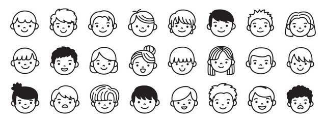 Extensive collection of cute children's face icons in line art style, featuring diverse expressions and hairstyles