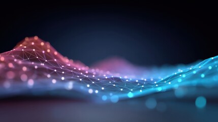 Abstract digital landscape with glowing nodes and lines representing data connections in vibrant pink and blue colors on a dark background