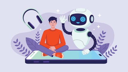 flat illustration of human interacting with friendly ai robot on digital platform, artificial intelligence assistant concept for future technology and innovation