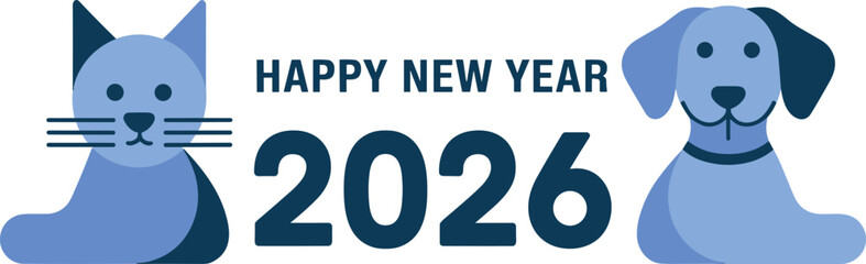 Minimalist Flat Cat and Dog Happy New Year 2026 Vector Illustration