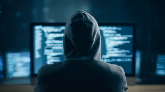 A mysterious hooded figure intensely focuses on multiple computer screens, the code suggesting potential data breaches, espionage, or malicious hacking activity, emphasizing digital security concerns. - Powered by Adobe