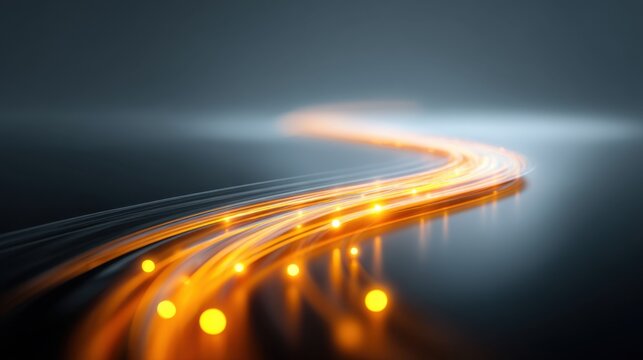 Abstract bright light trails on dark background, glowing orbs illuminating a smooth surface, creating dynamic motion and energy effect for design projects