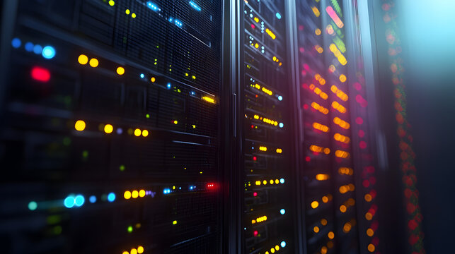 Rows of glowing server racks with colorful indicator lights create a dramatic digital data center atmosphere for technology concepts - Powered by Adobe