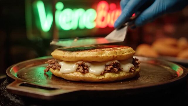 Delicious Arepa with Melted Cheese and Meat Filling on a Tray with Neon Lights.