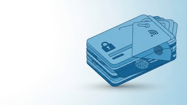 Stack of blue credit cards with security and contactless payment icons, representing secure financial transactions and modern banking. - Powered by Adobe