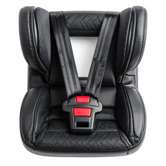 Fototapeta premium Close-up view of a black child safety car seat harness against a dark background.