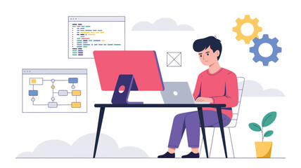 flat illustration of programmer working on computer with code interface, software development workspace, modern coding concept for web and app design