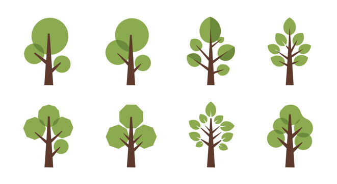 Collection of eight simple and modern stylized trees with geometric crowns and brown trunks isolated on a white background vector set.
