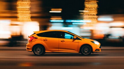 Fototapeta premium Orange car moves fast on city street at night