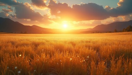 Fototapeta premium Golden grass field under bright sunset sky. Warm light illuminates tall stalks and distant mountains. Peaceful rural landscape offers serene view and atmospheric glow.
