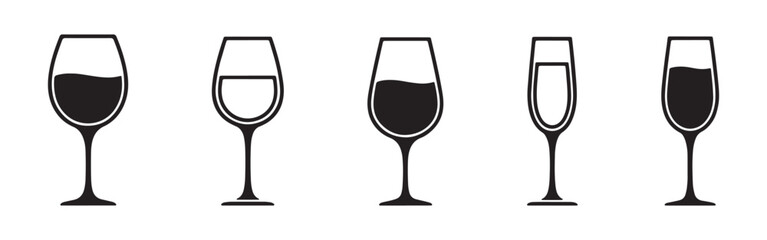 A collection of wine glass and champagne flute icons, showing various fill levels in black silhouette