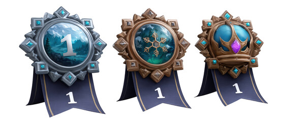 Three decorative achievement badges showcasing different designs and themes with a snowy mountain, icy snowflake, and royal crown