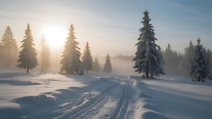 Winter Landscape, Snowy Forest, Pine Trees, Sunrise, Snow Tracks, Nature Scenery, Serene Environment, Cold Weather, Winter Morning