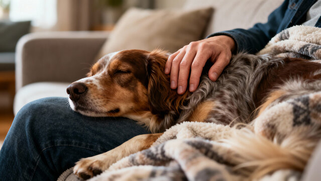 Close-up of Brown and White Dog Sleeping Peacefully on Owner's Lap on Sofa