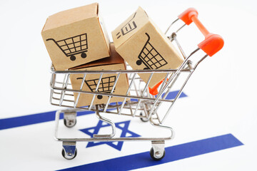 Online shopping, Shopping cart box on Israel flag, import export, finance commerce.