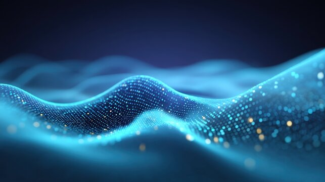 Abstract digital landscape with glowing points and smooth waves in blue tones, creating a mesmerizing visual effect for technology and innovation themes - Powered by Adobe