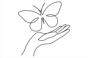 Open hand with butterfly, single line art, abstract, minimalist