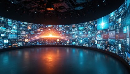 Large curved wall covered in numerous video screens displays diverse content like cityscapes, abstract lights. Digital media room features bright orange, blue glowing center with luminous sunburst